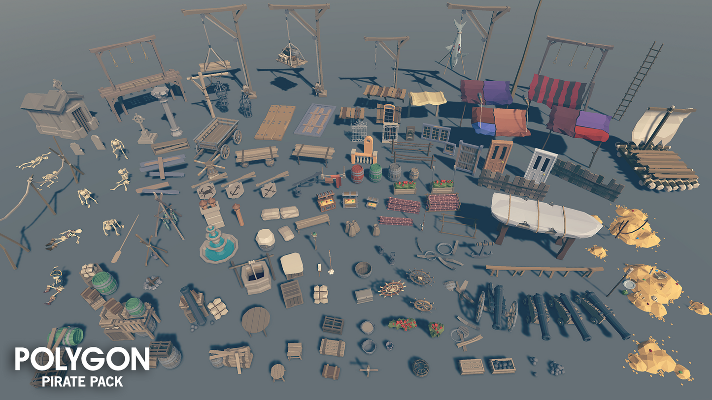 Assets from the POLYGON Pirate Pack to build out a pirate coastal village
