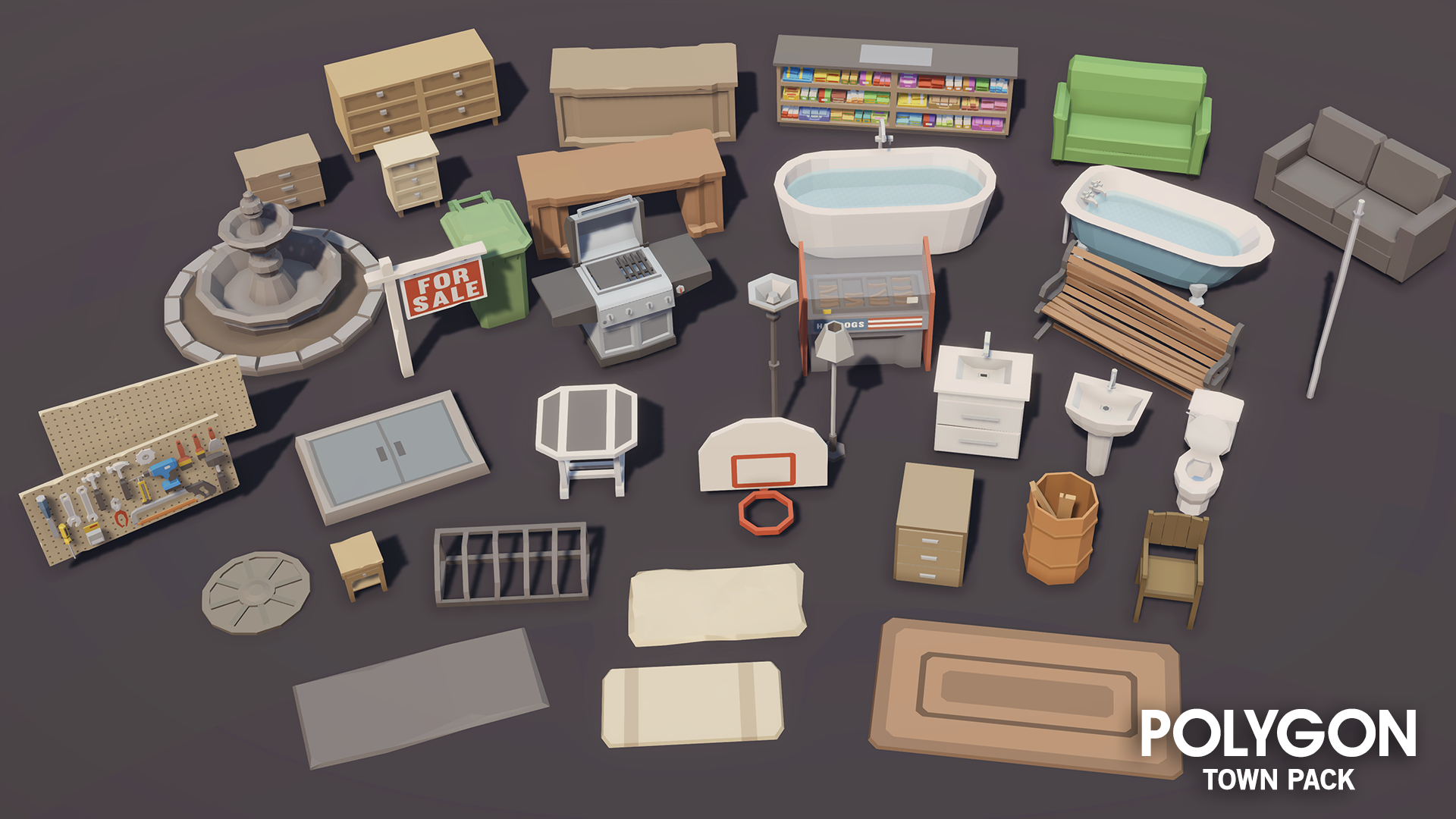 Town home prop items including powertools for garages, bathrubs, water fountains, outside grills and sofa's