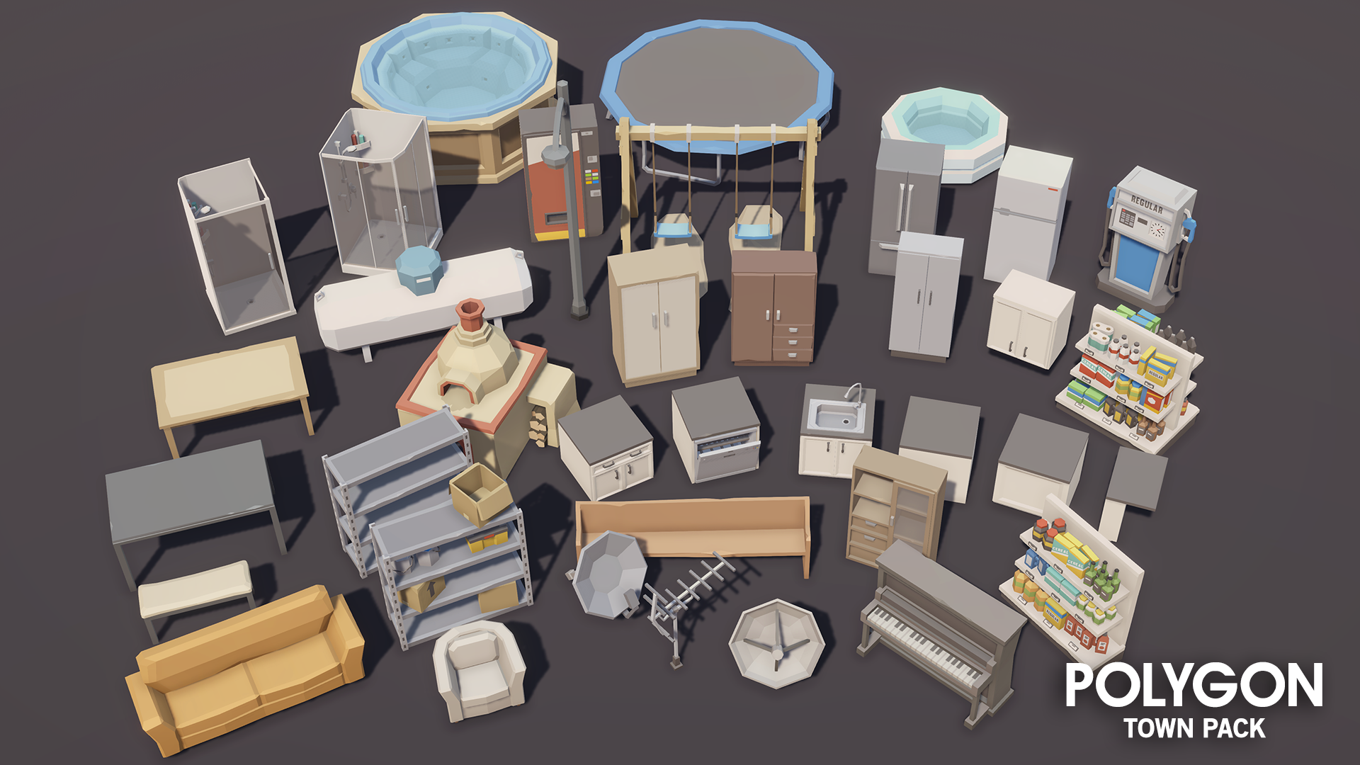Indoor and outdoor modular home components from the POLYGON Town Pack