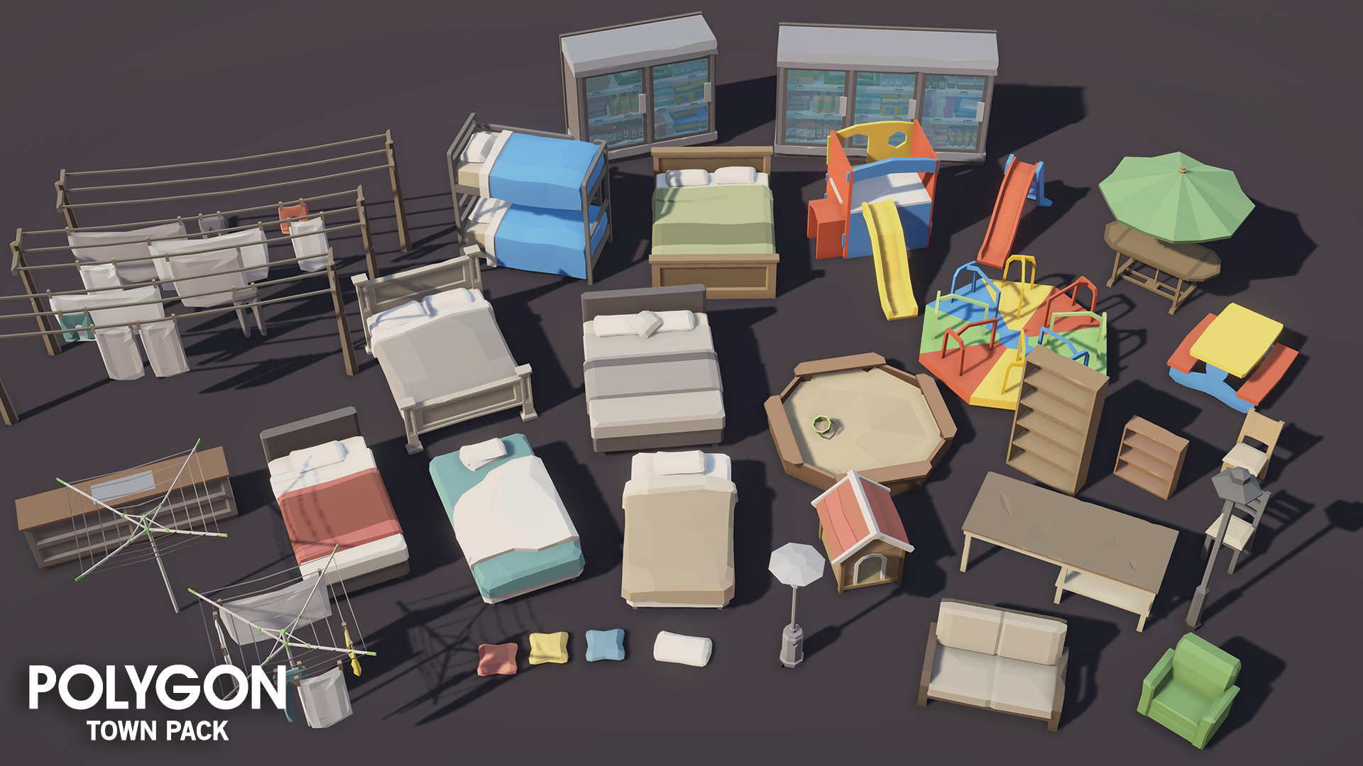 POLYGON Town Pack props including dog houses, washing lines, playground equipment and beds