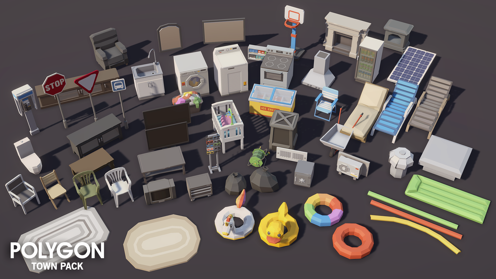 POLYGON Town Pack props including washing machines, sunbeds, pool toys and outside chairs