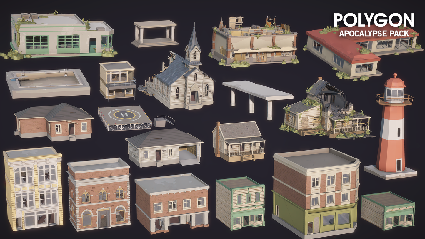 Apocalypse Pack 3D low poly wasteland town and city square assets for game development