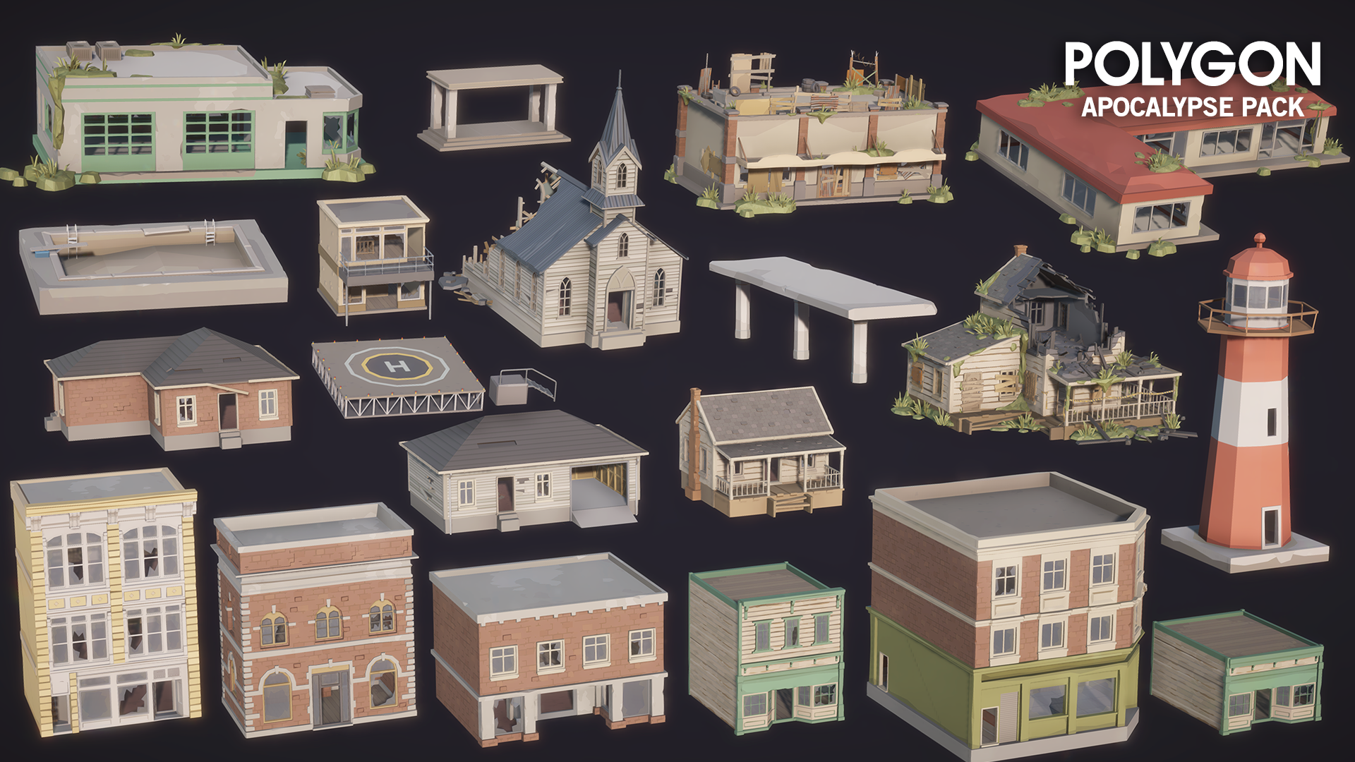 Apocalypse Pack 3D low poly wasteland town and city square assets for game development