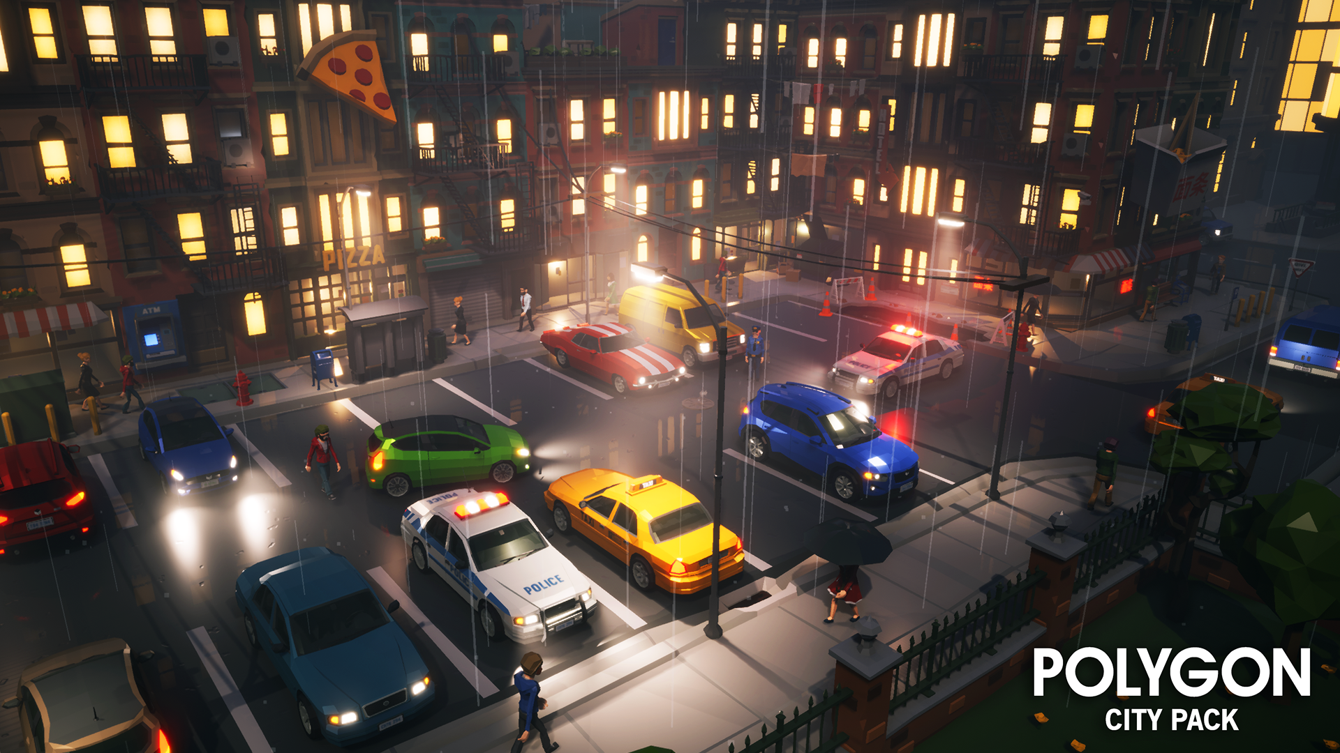 A city crime scene example designed with the POLYGON City Pack assets
