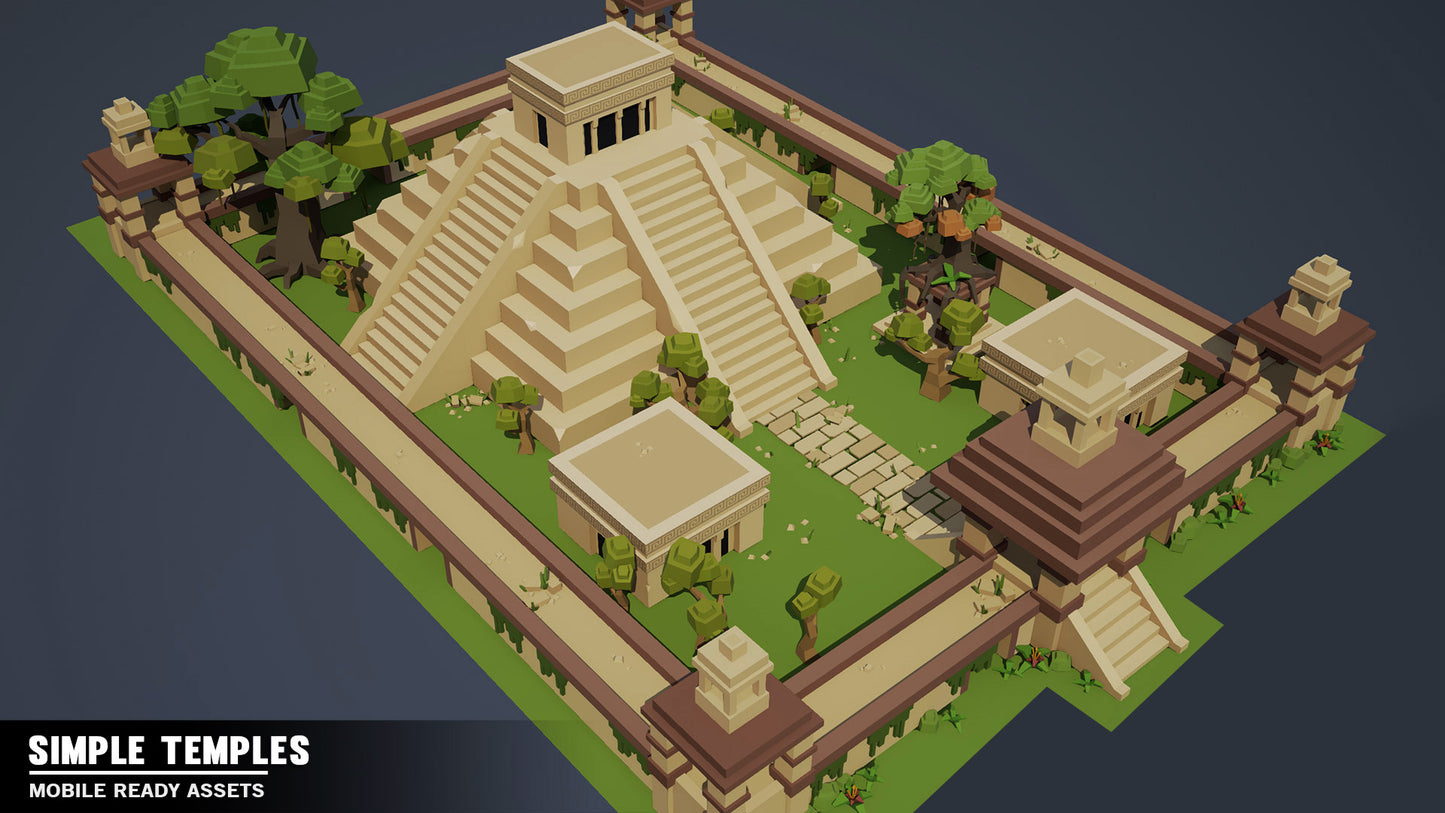 Aerial view of a low poly aztec inspired temple with walls and a gateway entrance