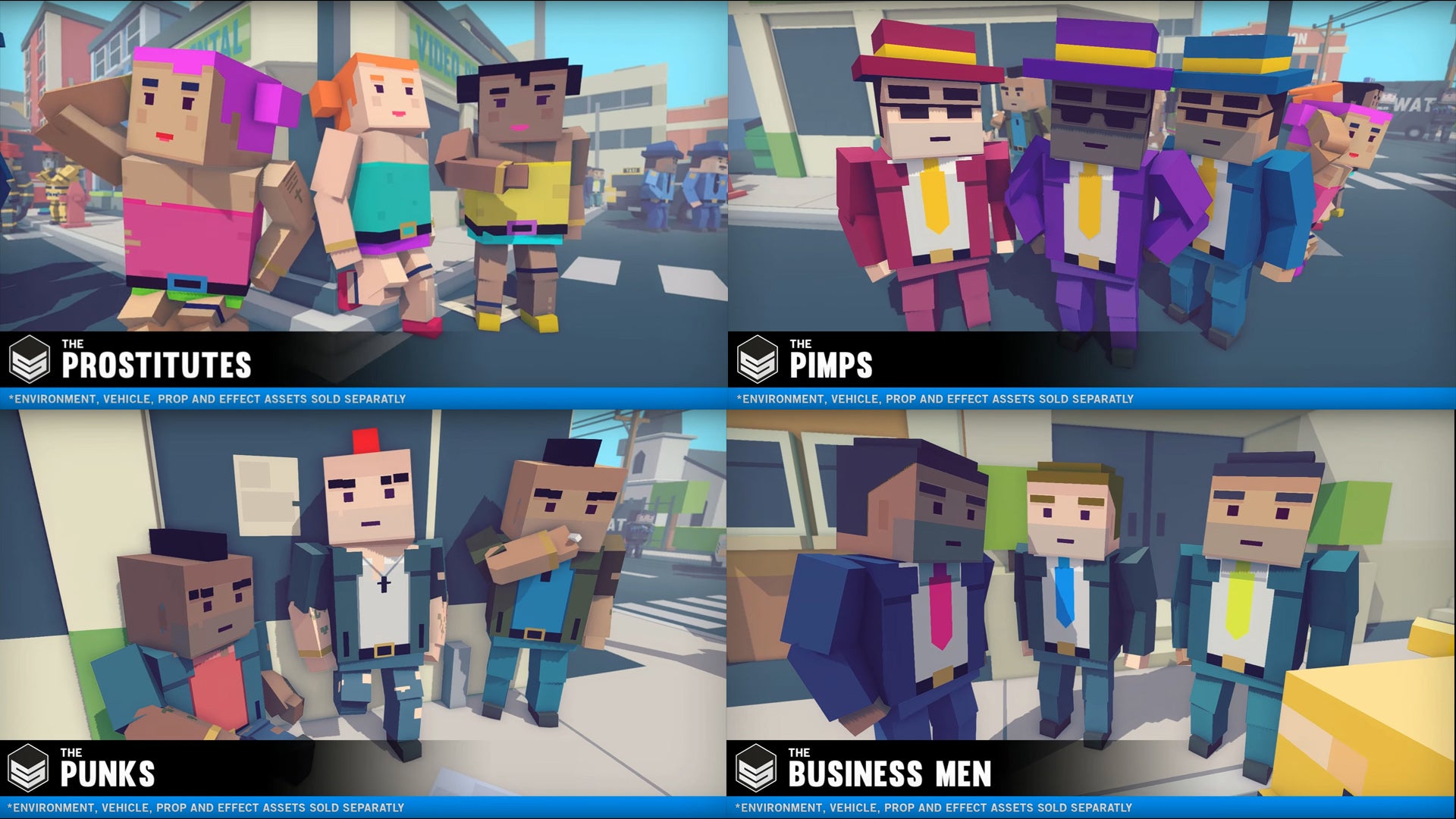 Four examples of group settings showcasing different characters from the Simple People asset pack
