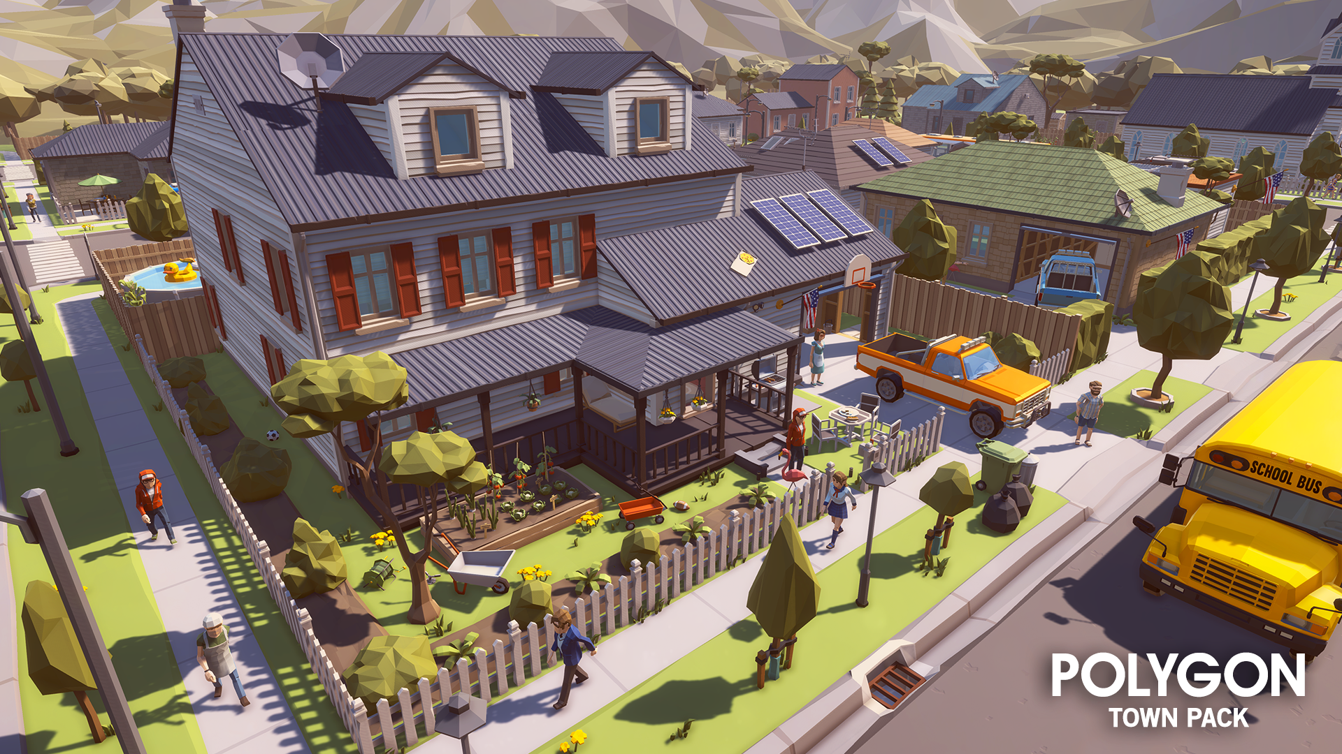3D low poly suburban house with front garden and neighbours walking past on the walkway and a school bus driving up the street