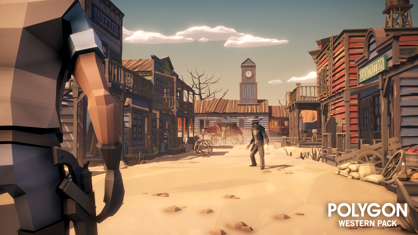 Two cowboys facing off for a duel on a dusty road in the middle of a town square