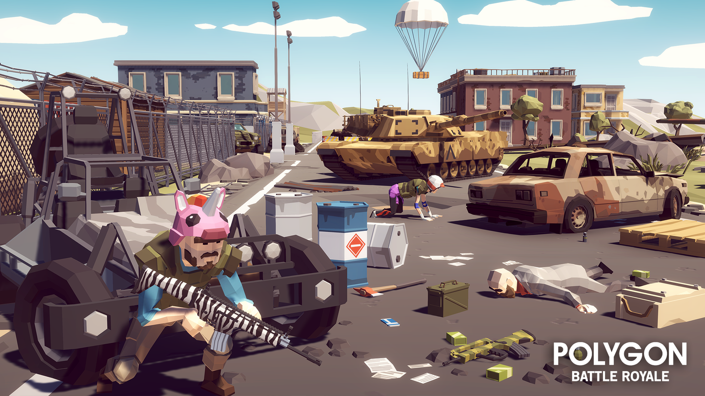 Low-poly battle characters fighting bteween cars in a deserted street