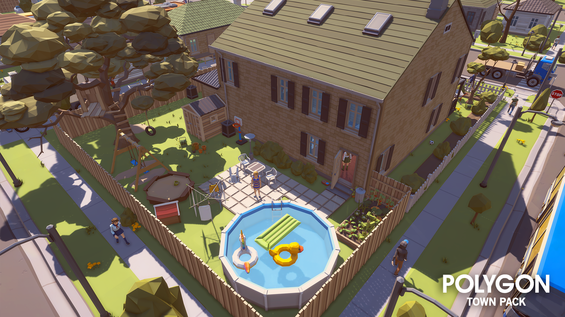 3D low poly suburban house with an inflateable backyard pool, swings and vegetable garden
