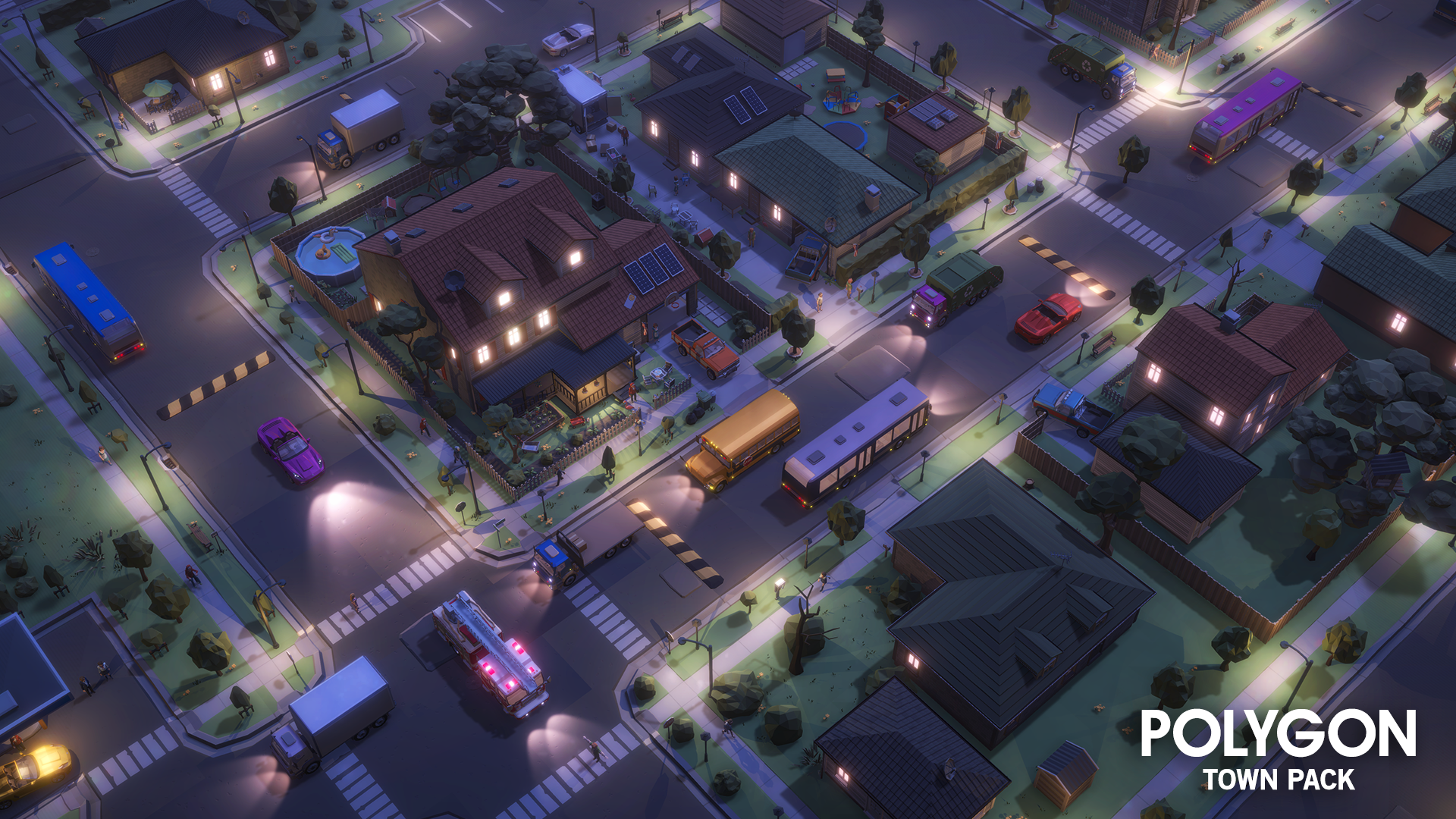 Aerial view of a 3D low poly residential town at night