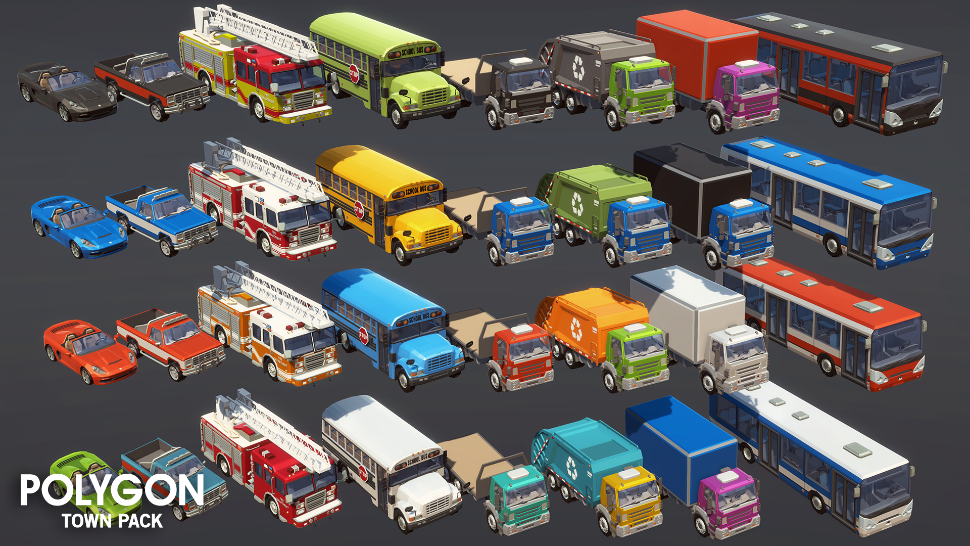 POLYGON Town Pack buses, trucks and car 3D low poly assets
