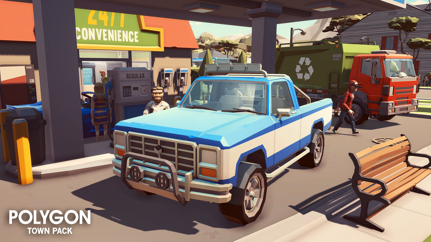 A 3D Low poly 24/7 convenience store with a petrol station outside and a person filling up their blue truck