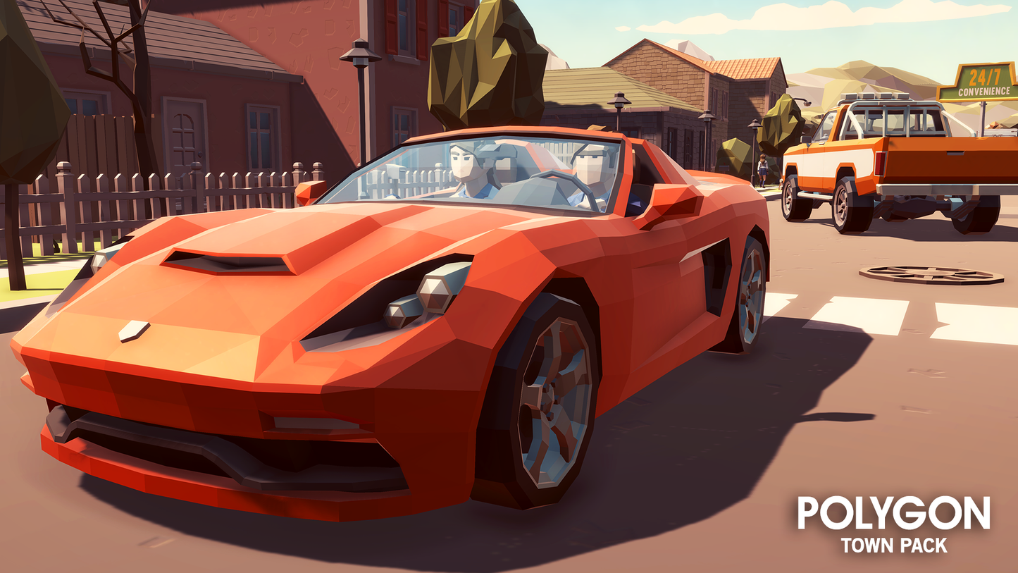 3D low poly red convertable sports car driving along a town road