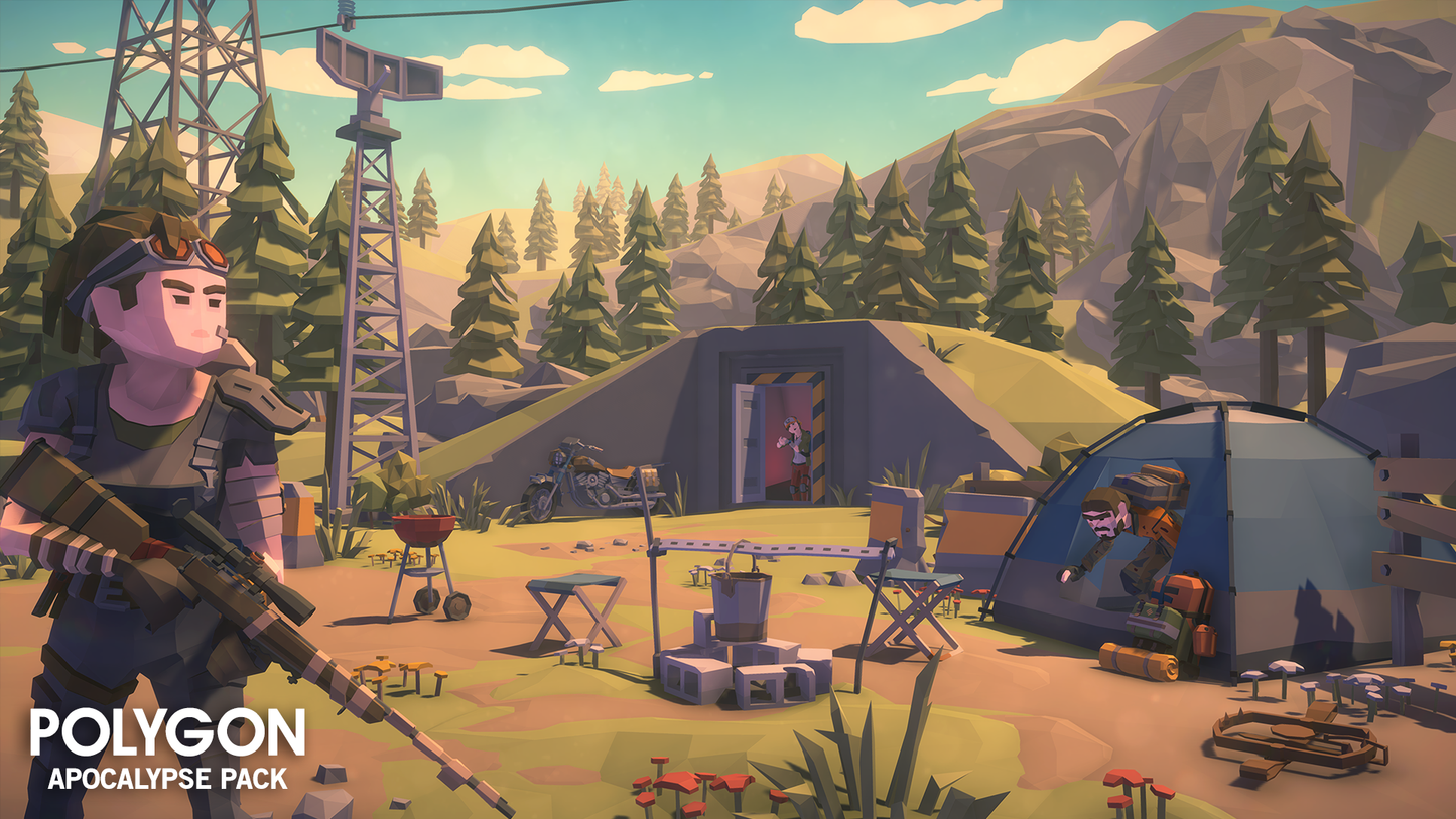 Apocalypse low poly campsite scene with a female figure standing on guard with tents and a bunker in the background