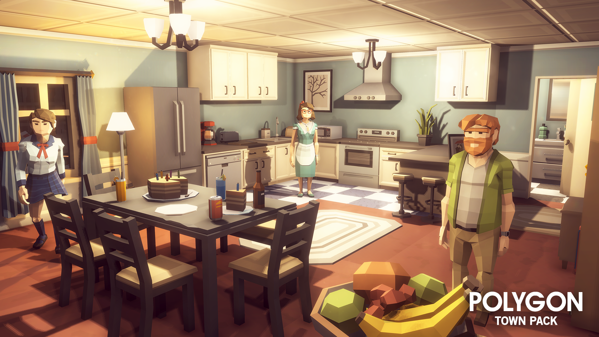 House interior with three family memebrs standing in the dining room and kitchen area