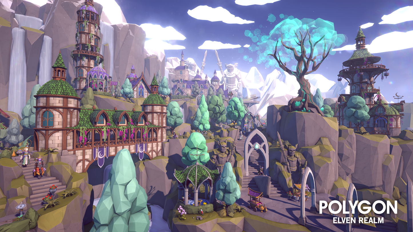 Elven environmental game assets including mountains, bridges, trees, waterfalls, vines and footpaths