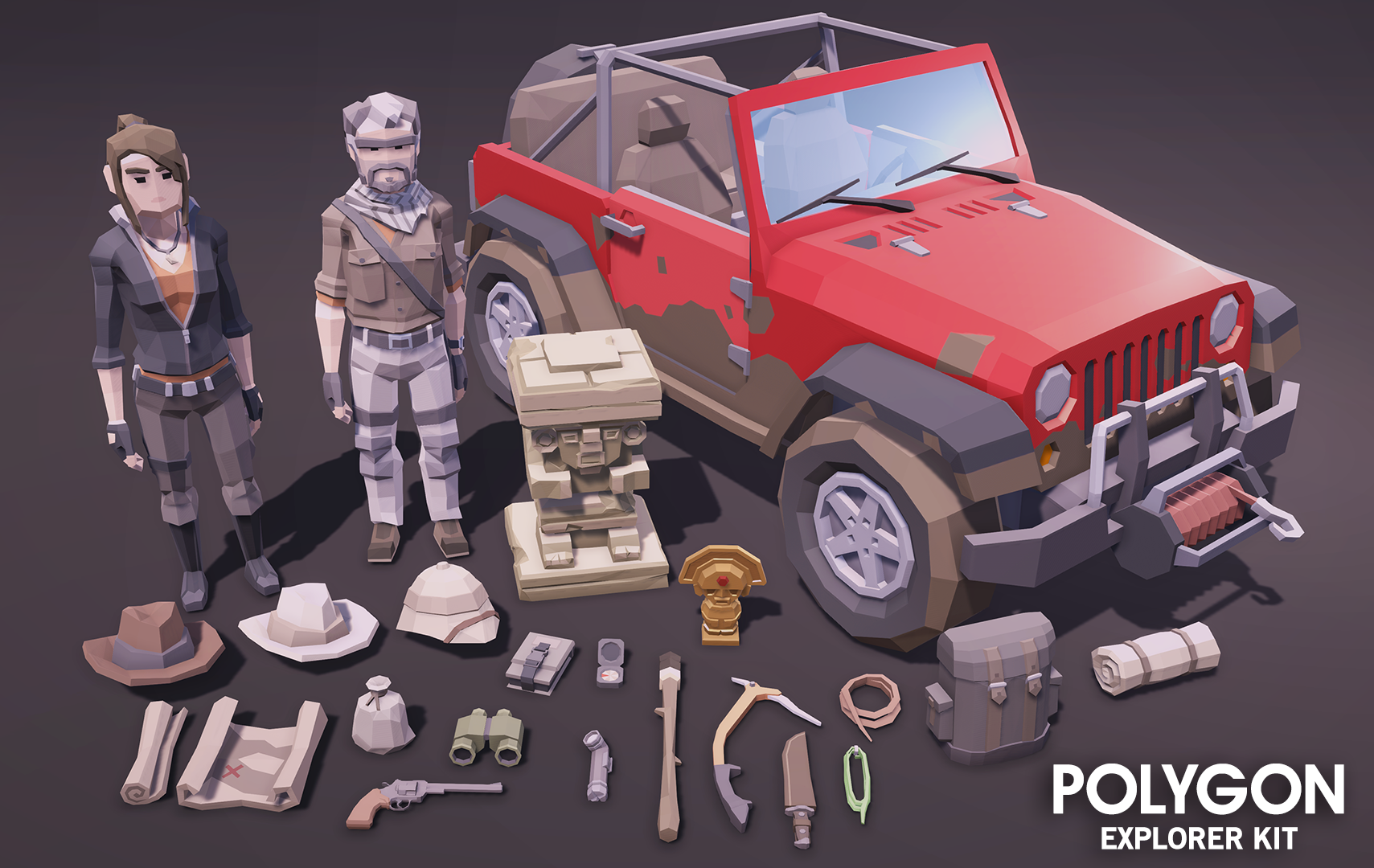 Low poly explorer male and female characters, vehicles, props and tools asset pack