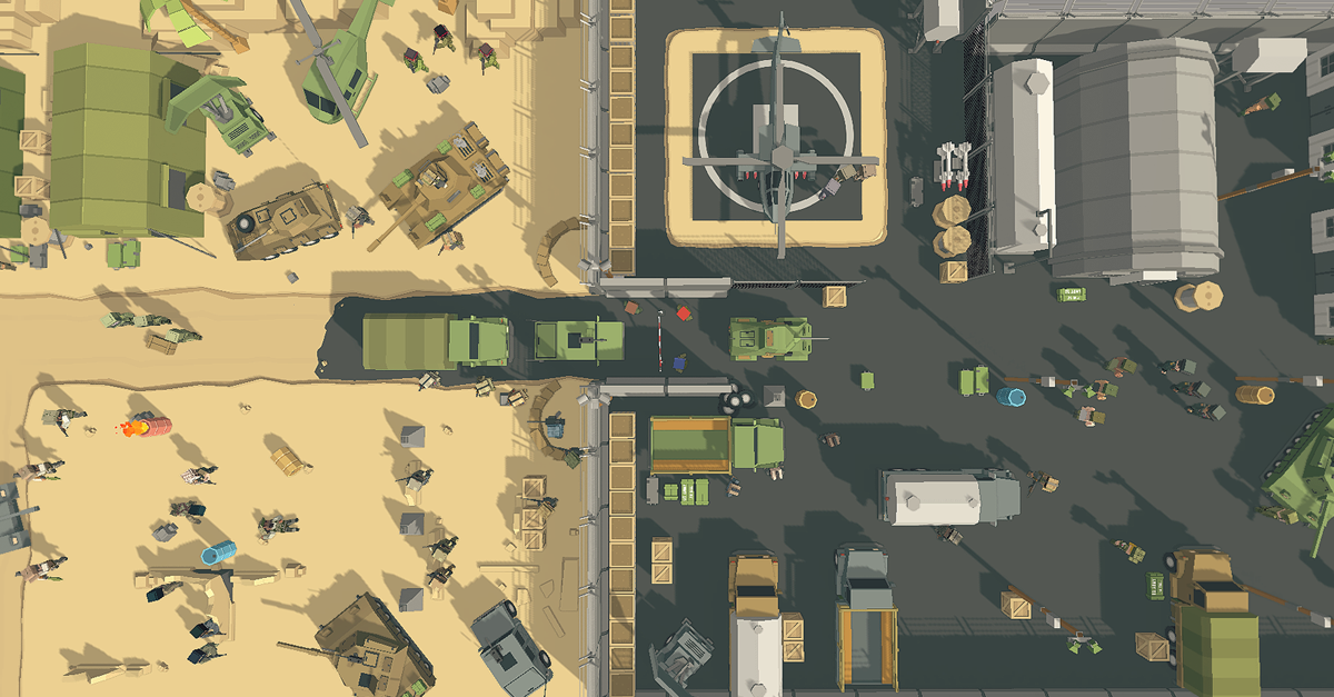 Aerial view of a busy airforce base with soldiers and military vehicles entering the compound