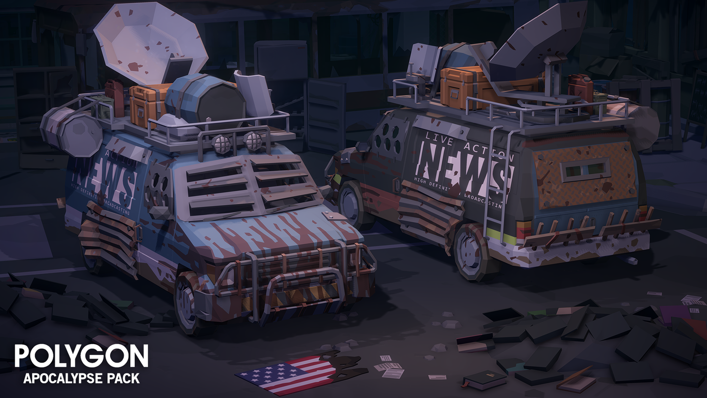 Apocalypse Pack 3D low poly wasteland themed news van vehicle assets for game development