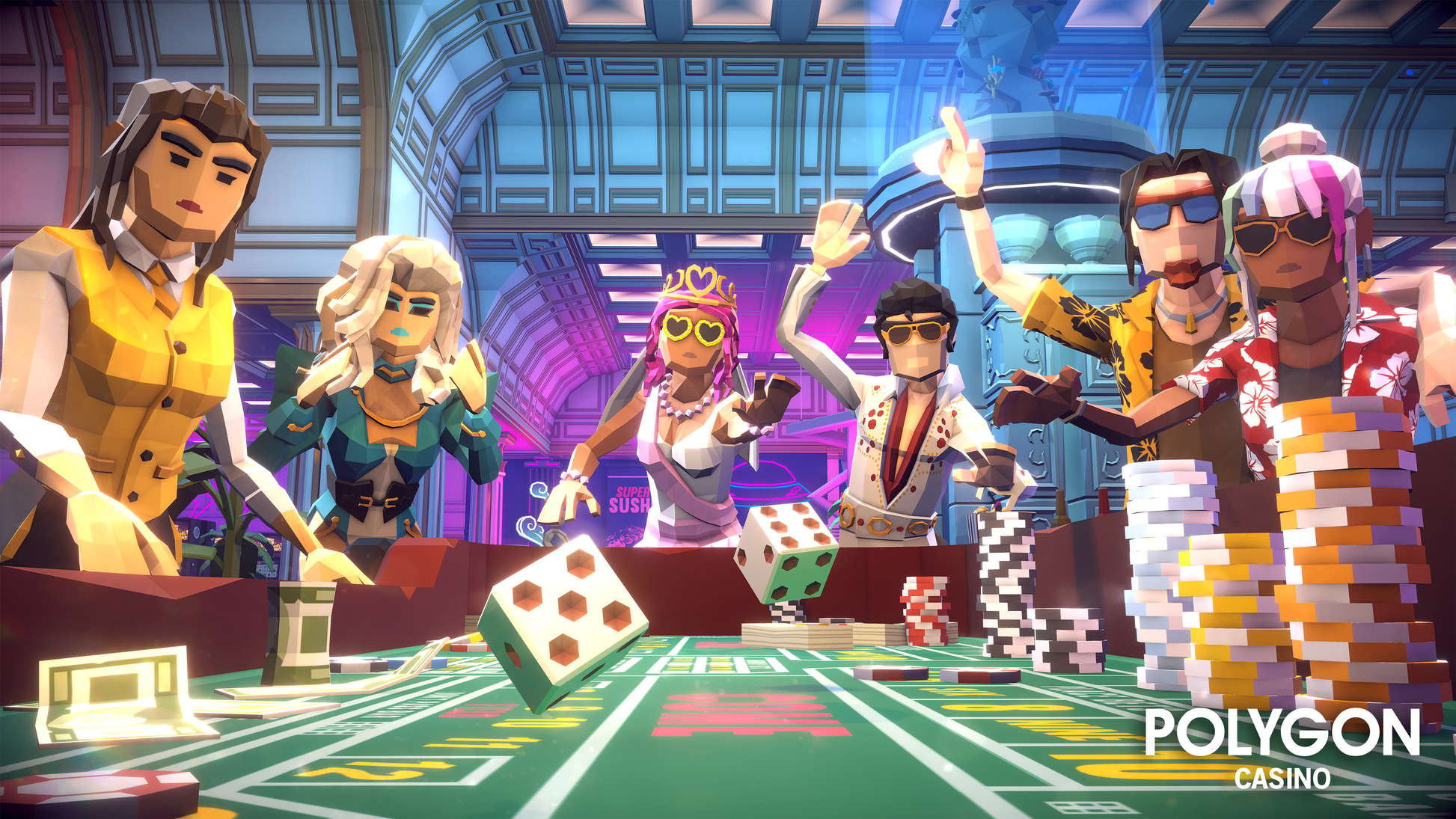 Low poly characters throwing dice on a gambling table