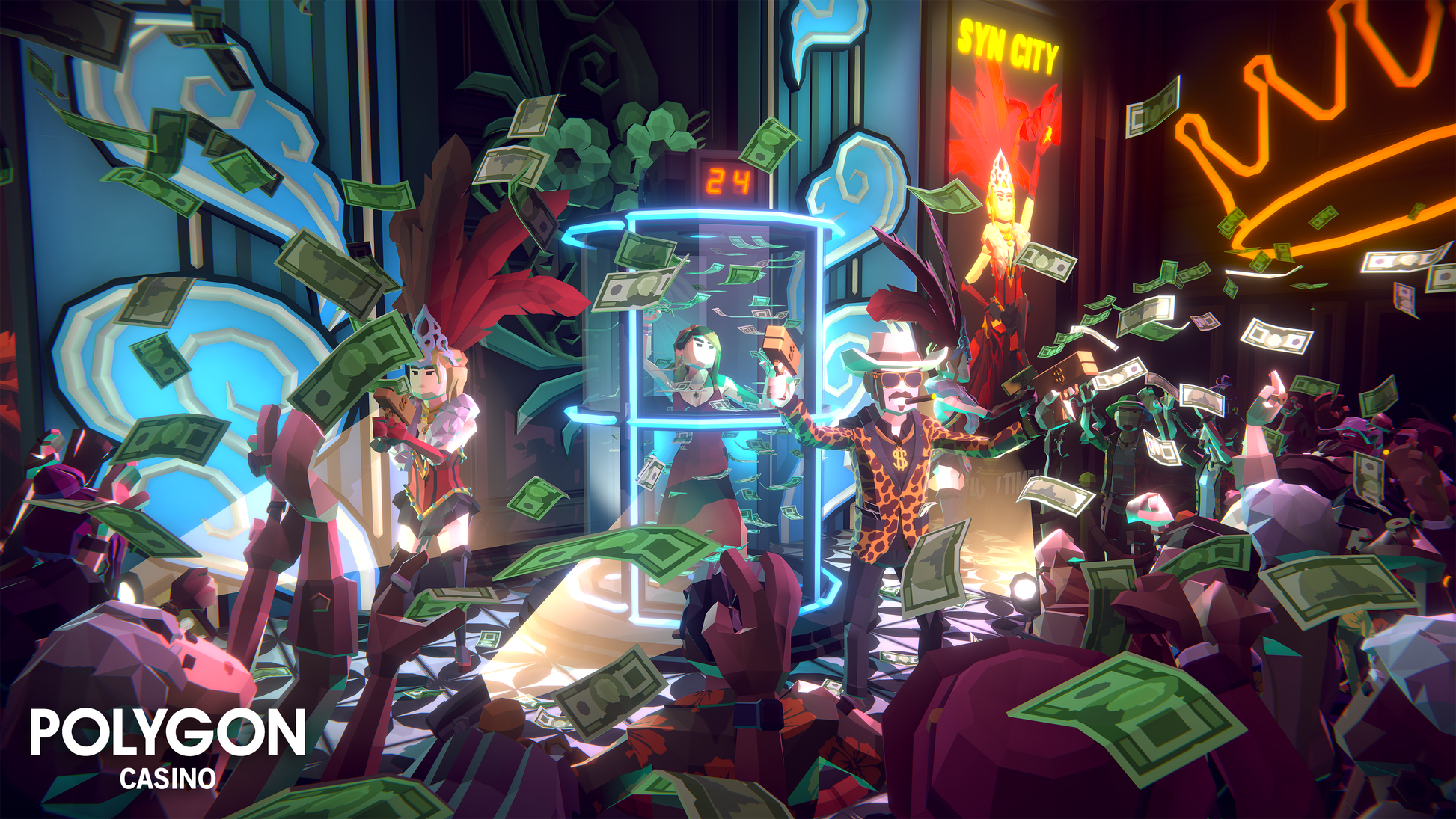 Low poly asset casino show with a crowd cheering as a presenter rains money down on them