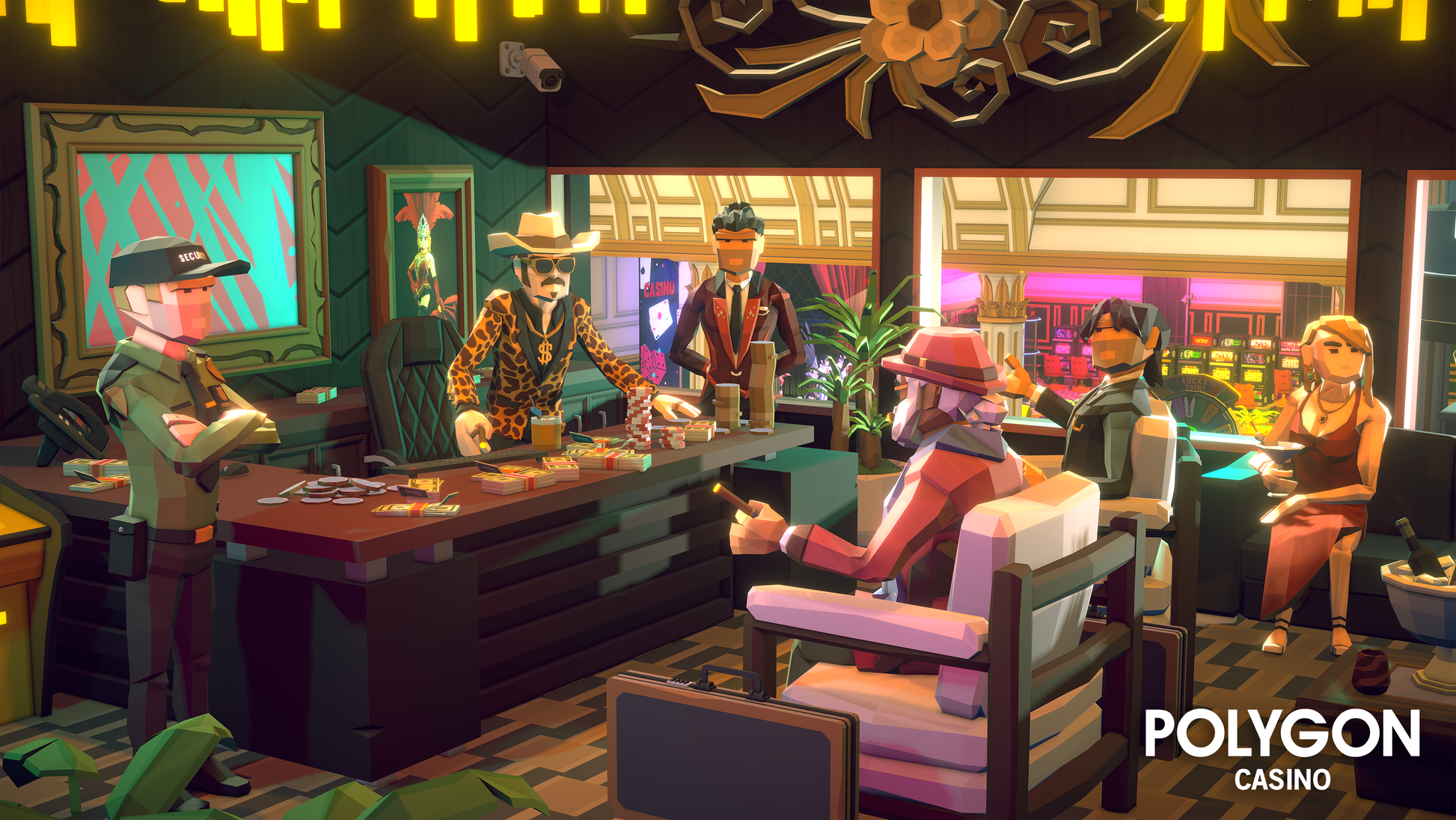 Two low poly characters discussing something at a casino chip area with hotel staff in the background