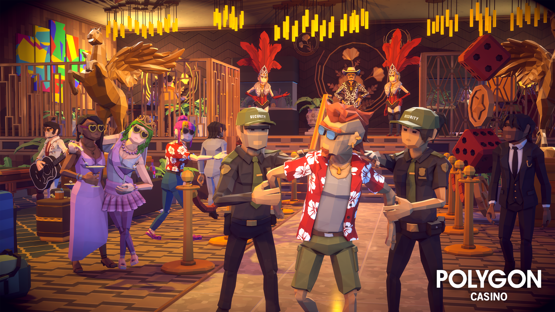 A low poly hotel guest being arrested by casino security