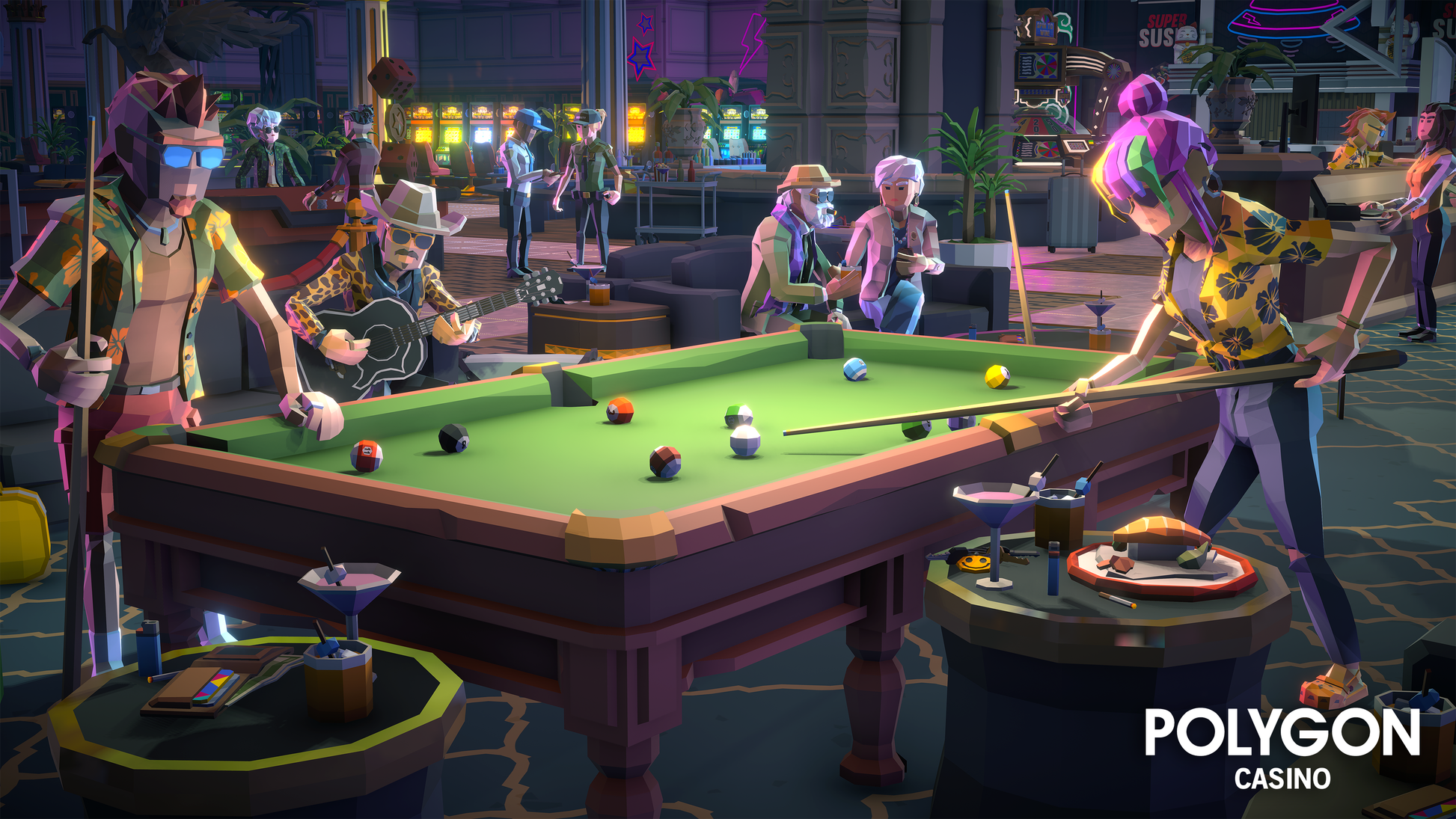 Low poly hotel guests playing pool in a casino