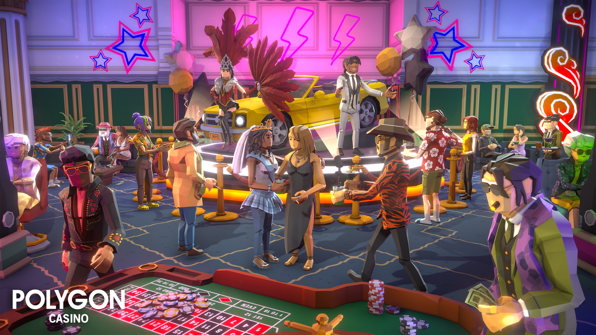 Low poly gamblers and hotel guests admiring a car prize