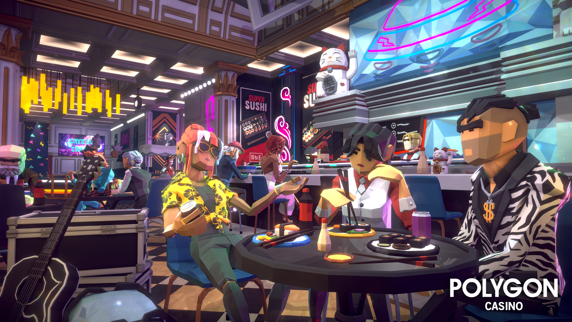 Low pol casino guests eating food and having a drink in a eating area