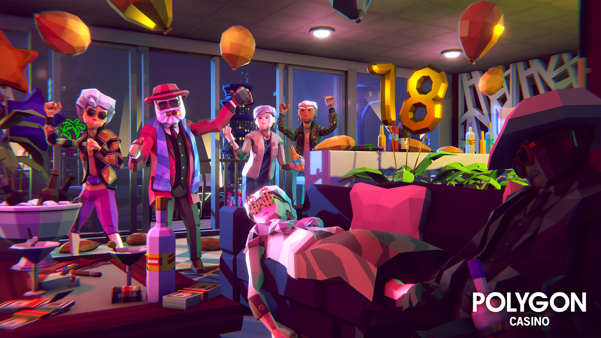 Low poly characters having a hotel party