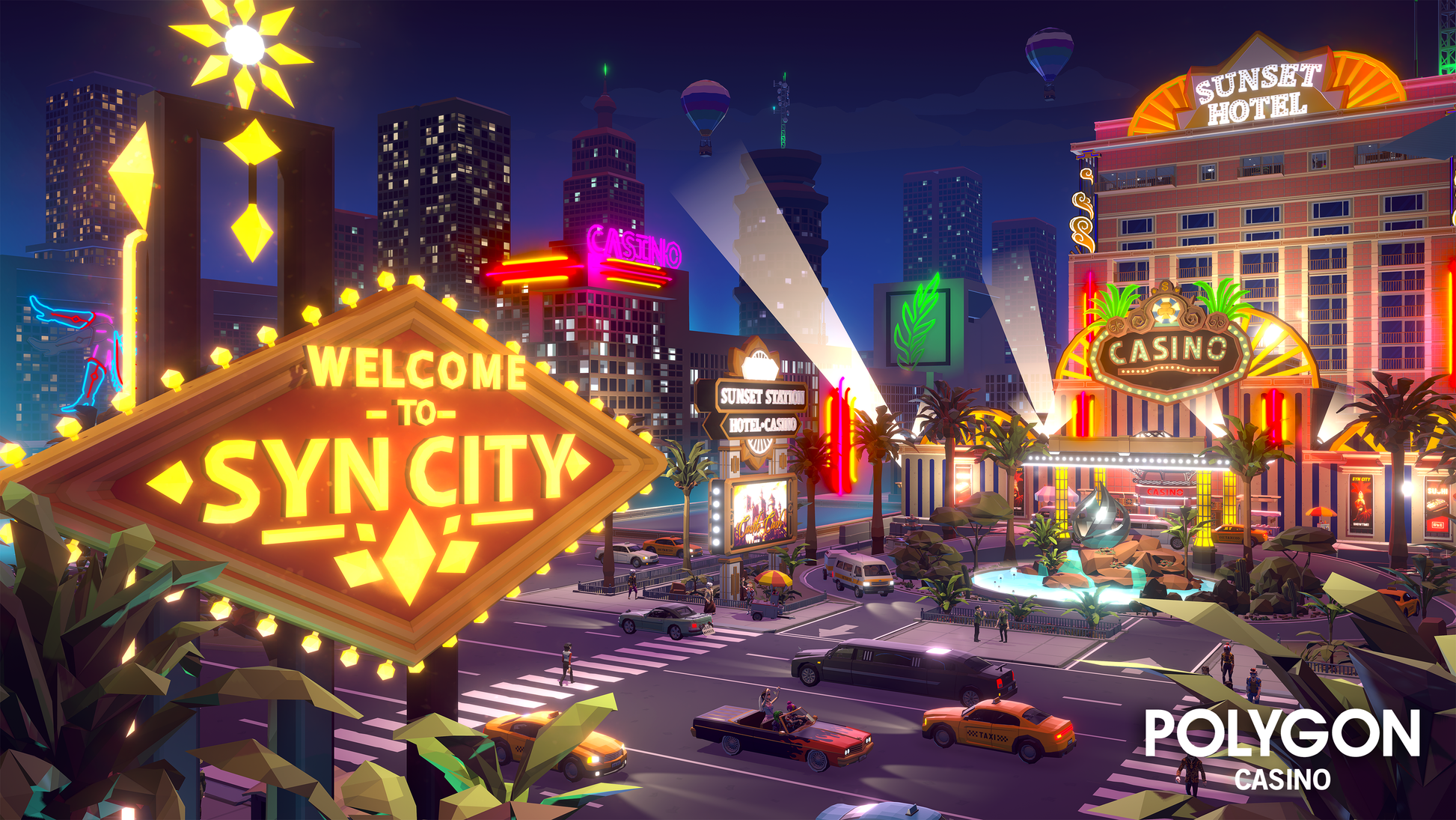 Welcome to Sin City billboard and Sunset Hotel casino low poly assets