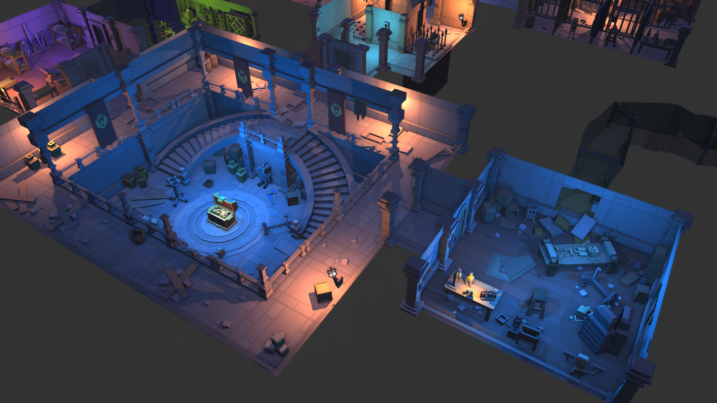 Examples of rooms and levels designed with the Simple Dungeons Pack