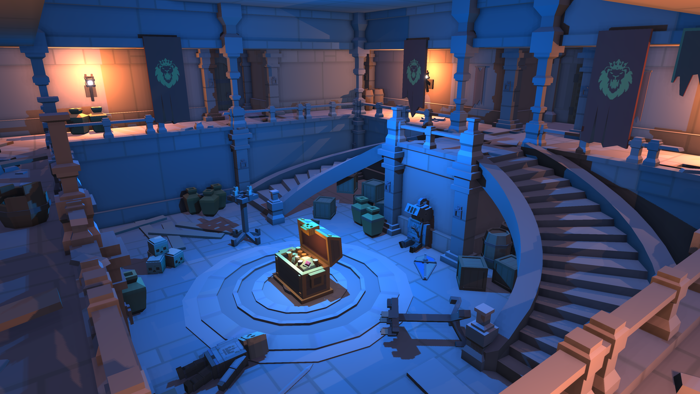 Simple Dungeons room level design with treasure, winding stairs and medieval props decorating the scene