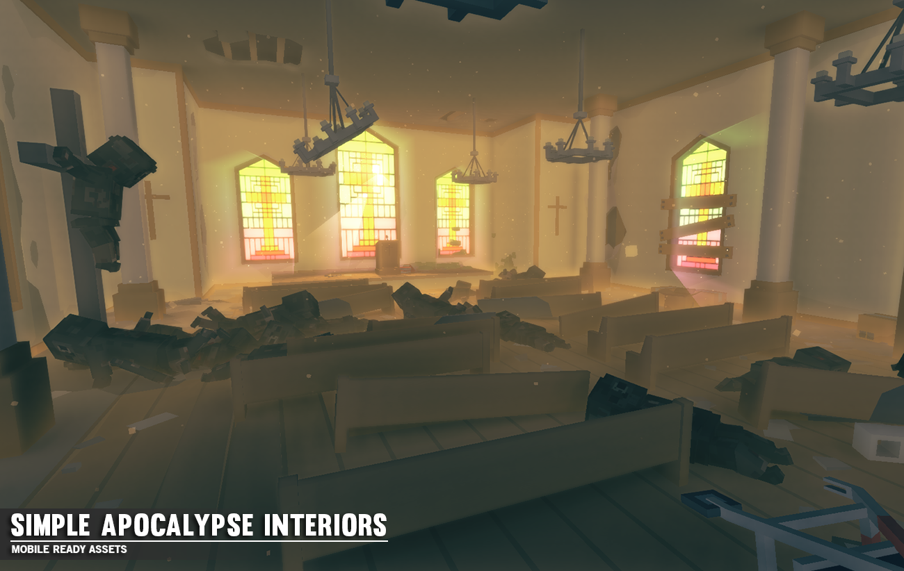3D low poly church that has been abandoned and there's corpses from victims hiding in it during the apocalypse