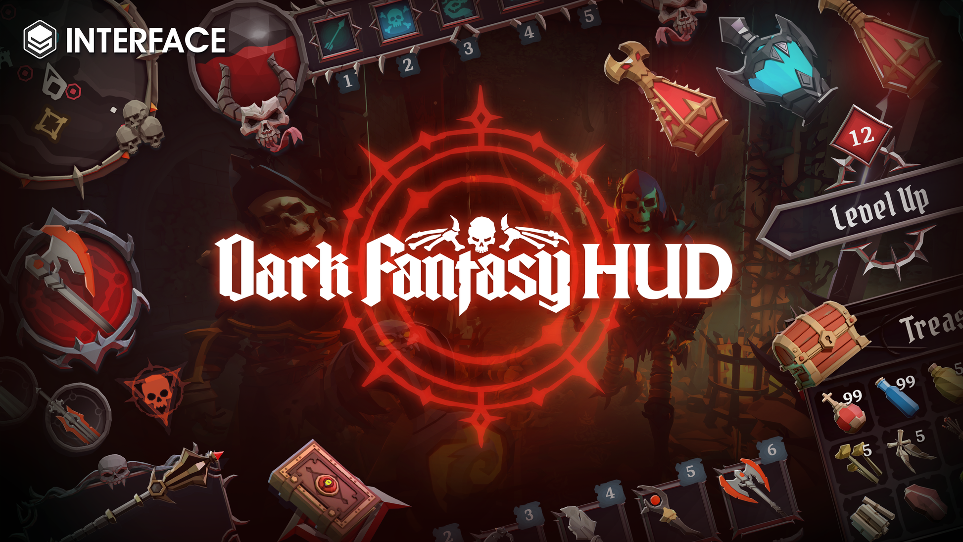 Dark Fantasy HUD interface with various game elements