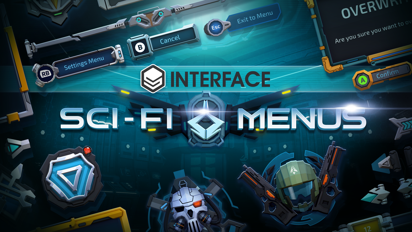 Sci-fi menu interface with futuristic design elements on a dark background