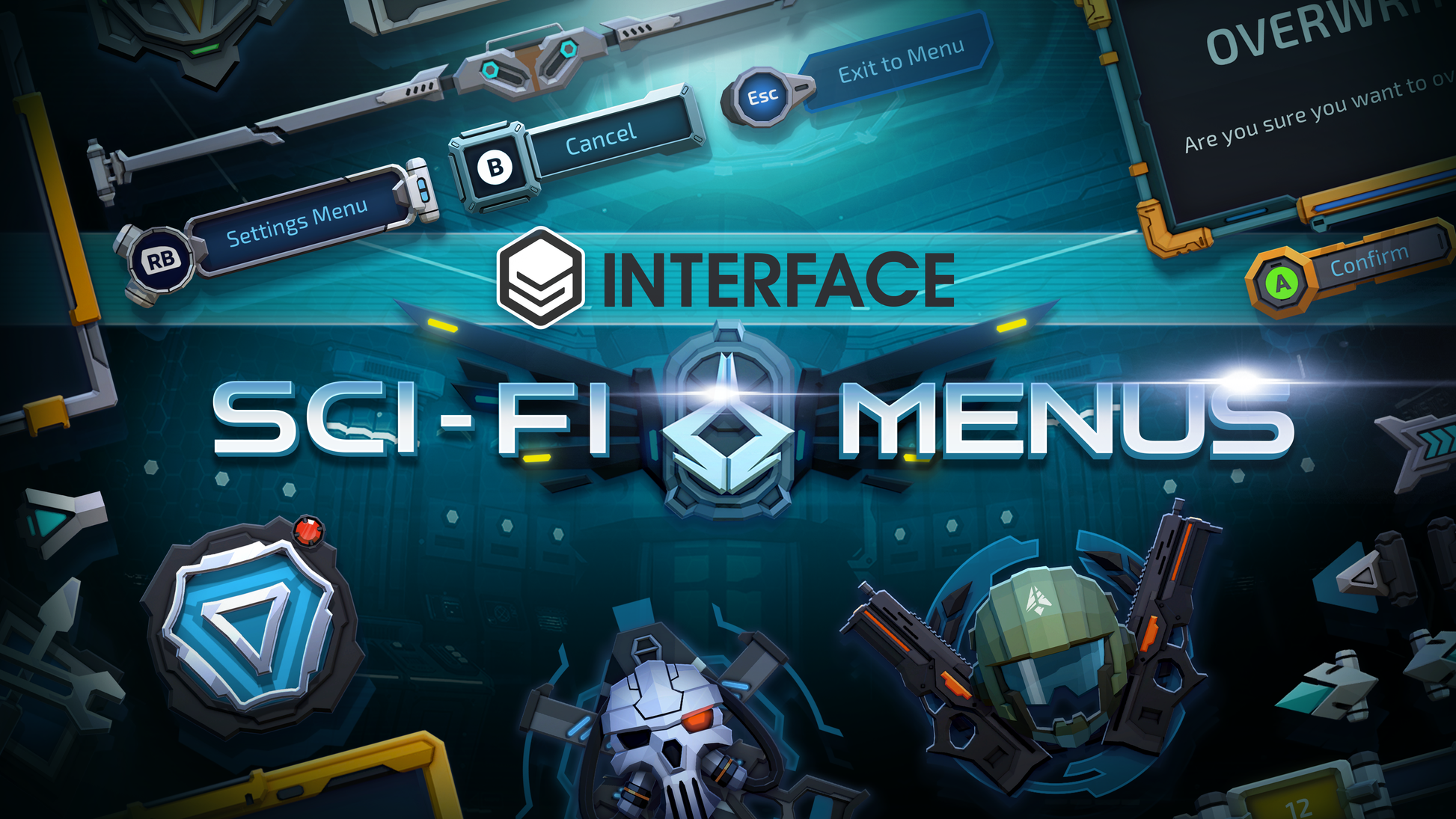 Sci-fi menu interface with futuristic design elements on a dark background