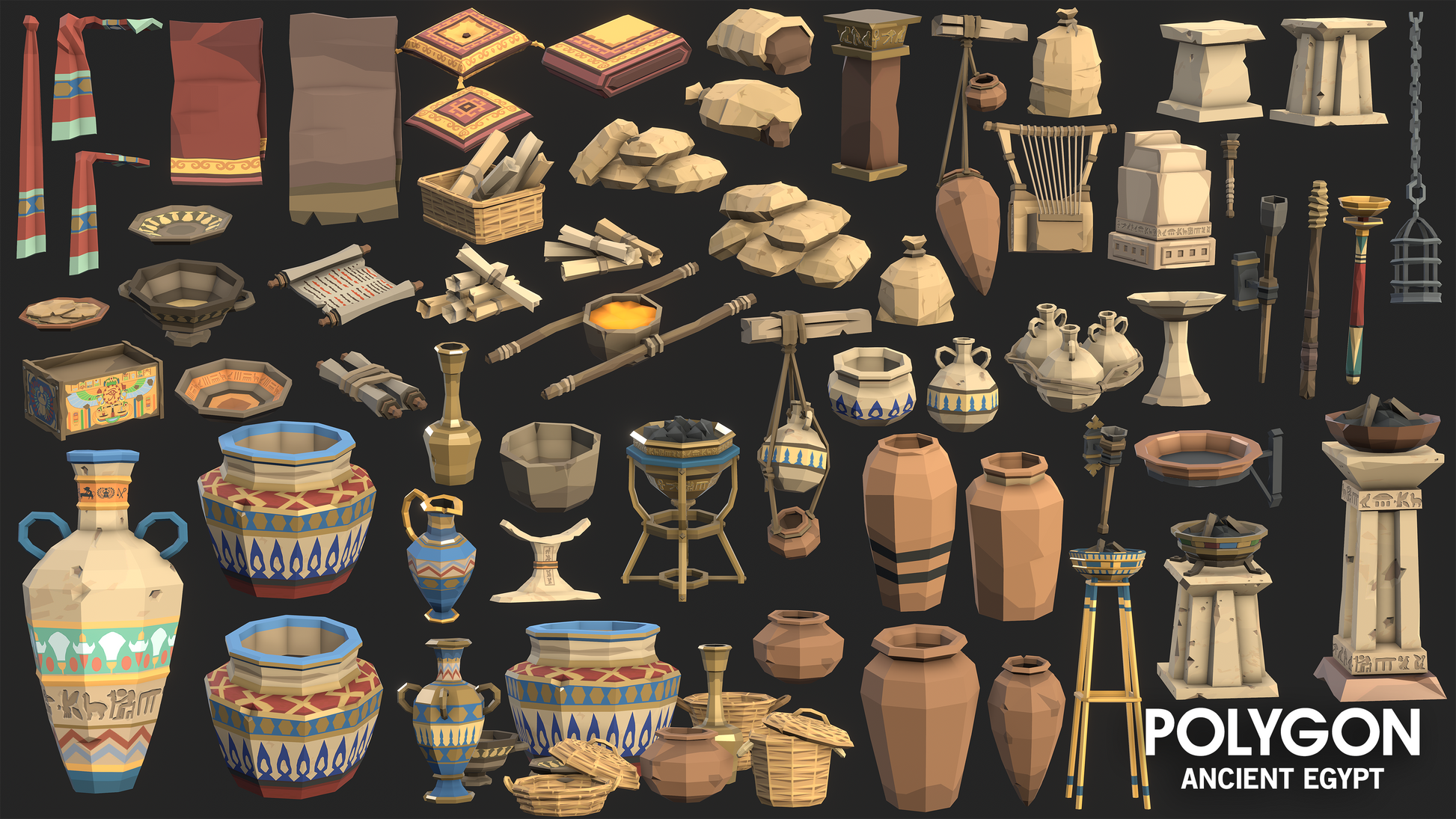 Ancient Egyptian props and items for level design including cups, dye vats, embalming tools, braziers, sundials and jars