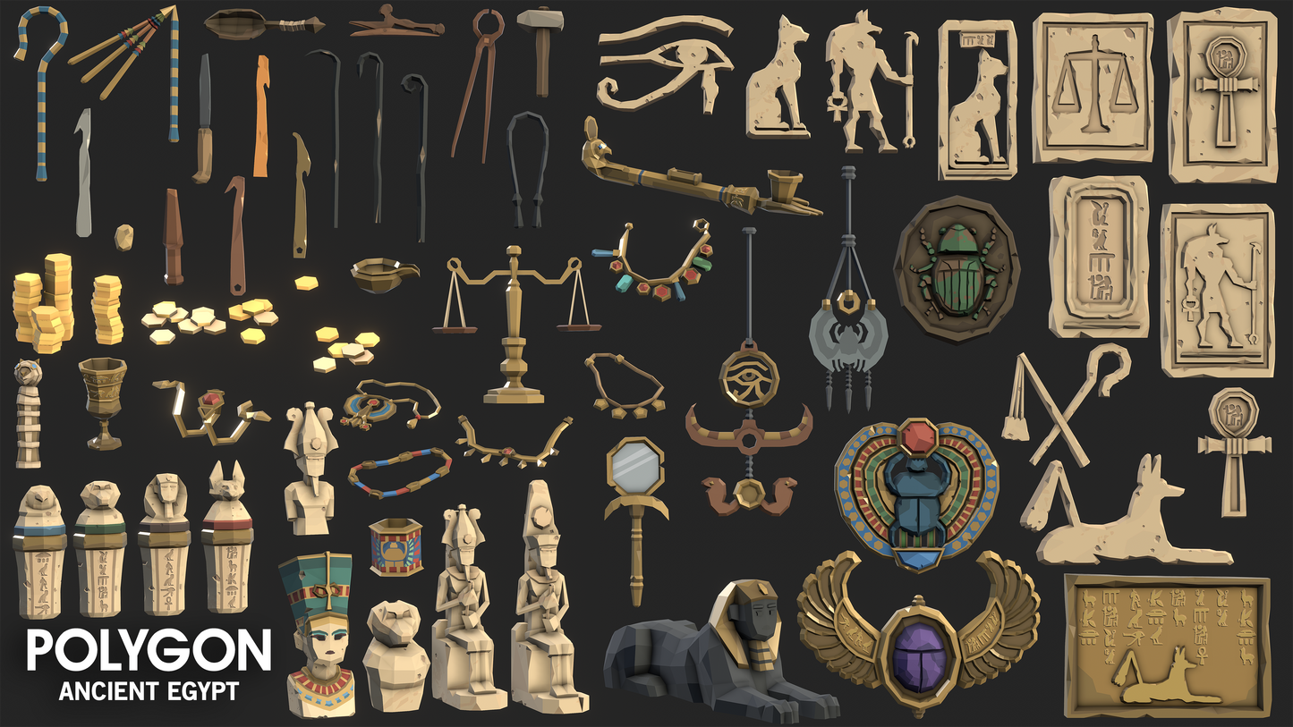 Ancient Egyptian 3D assets including embalming tools, plinths, scarabs, scrolls, smelting pots and incense burners