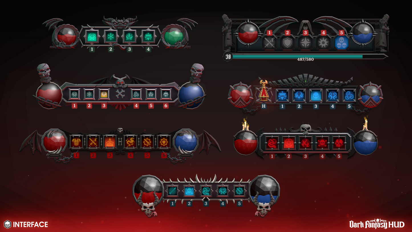 Dark fantasy user interface with various elements for displaying health and mana potions for game characters on a dark background