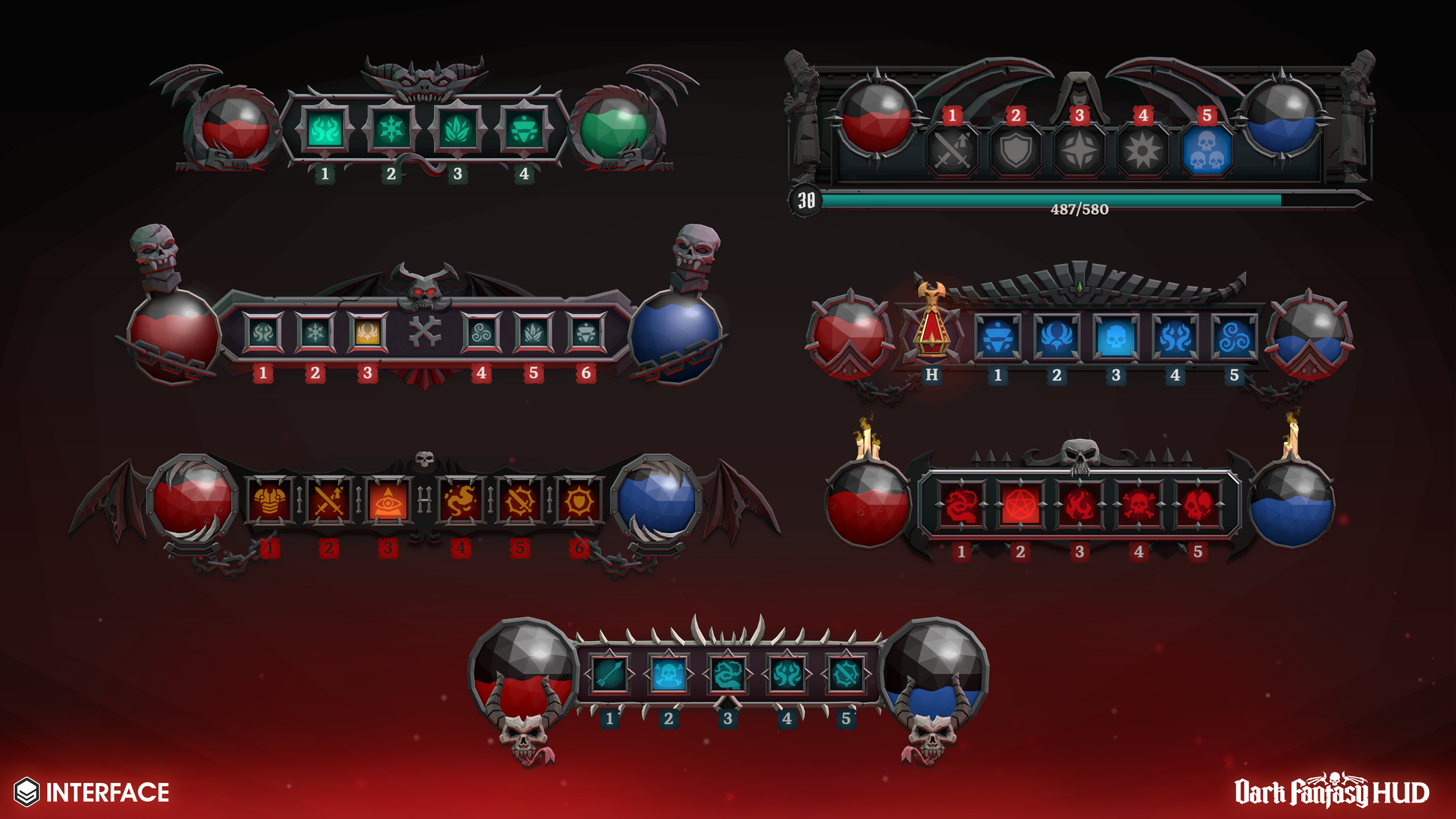 Dark fantasy user interface with various elements for displaying health and mana potions for game characters on a dark background