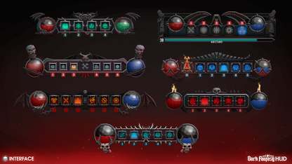 Dark fantasy user interface with various elements for displaying health and mana potions for game characters on a dark background