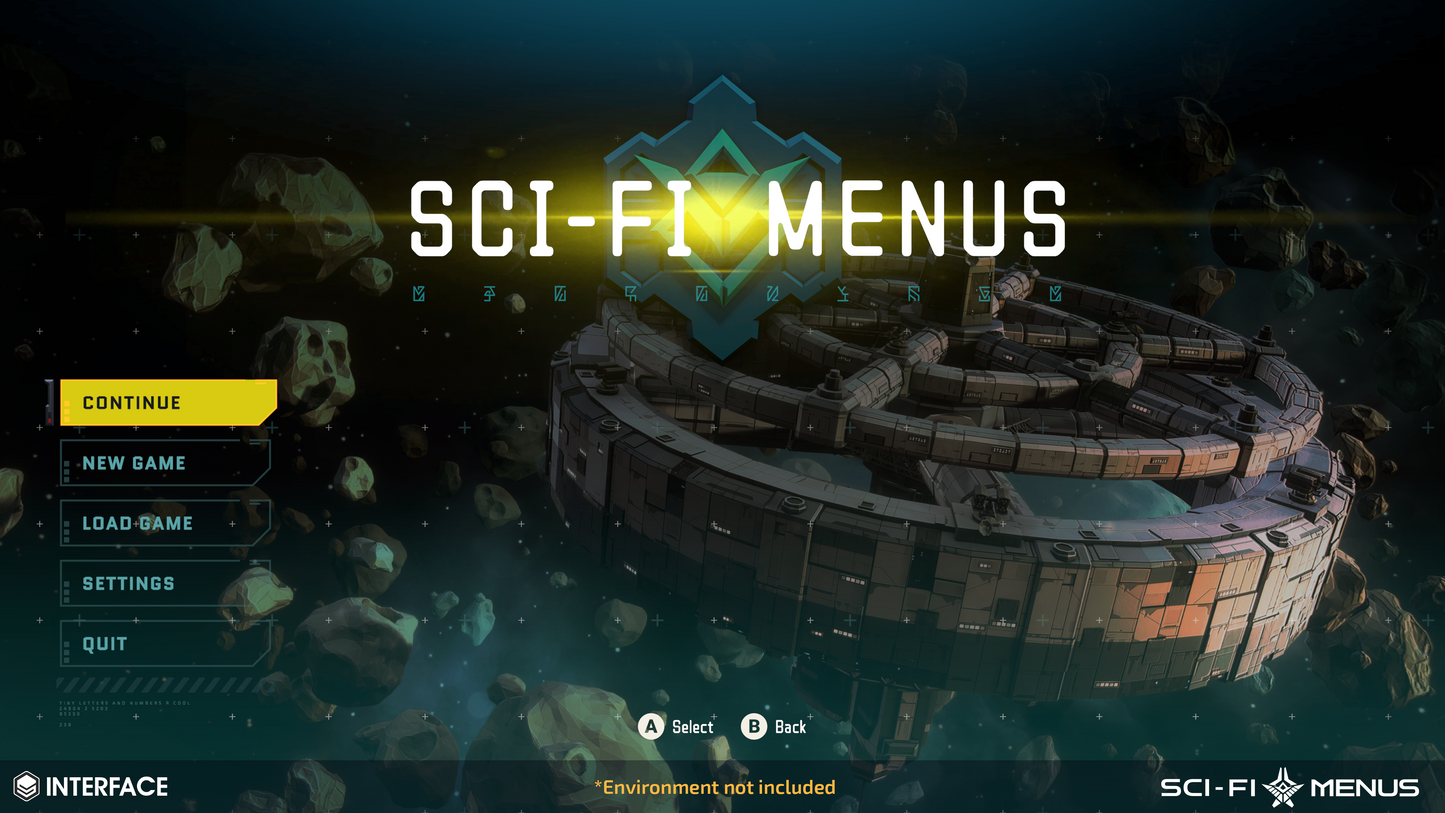 Sci-fi menu screen with spaceship and game options on a dark space-themed background