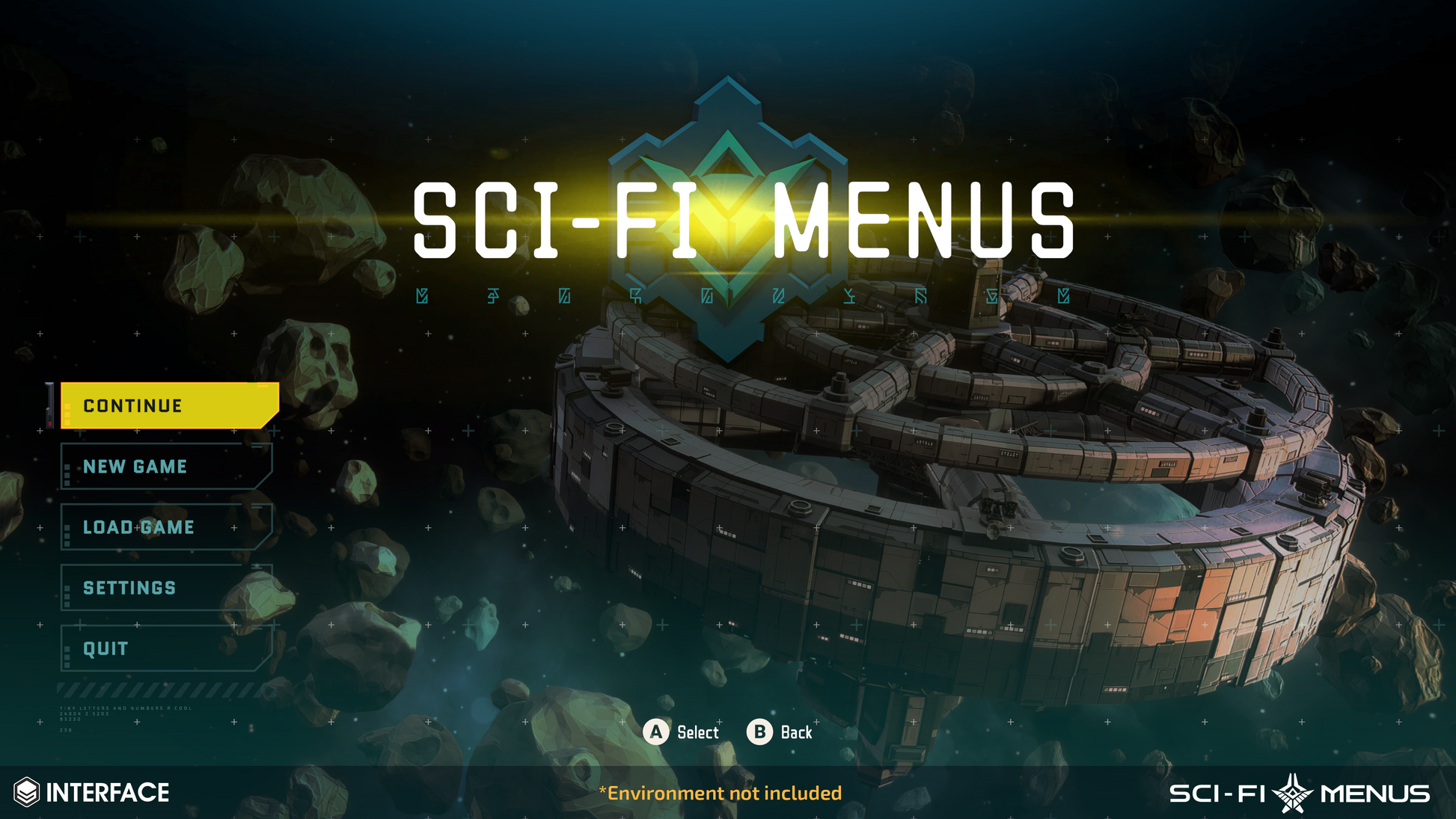 Sci-fi menu screen with spaceship and game options on a dark space-themed background