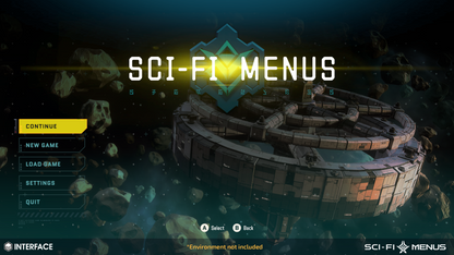 Sci-fi menu screen with spaceship and game options on a dark space-themed background