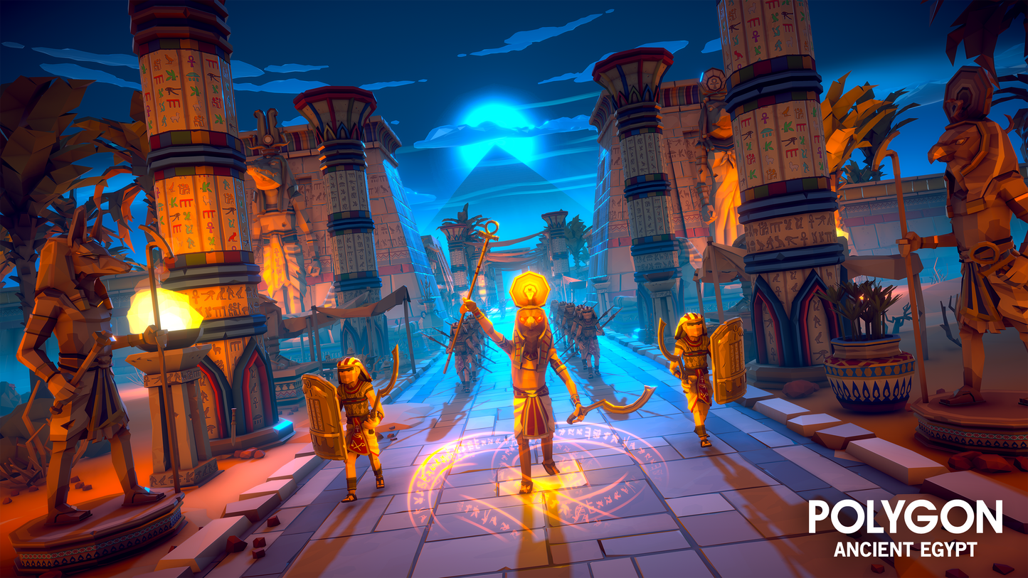 3D game asset of an Egyptian hero walking with guards up a pathway between ornate pillars and obelisk's