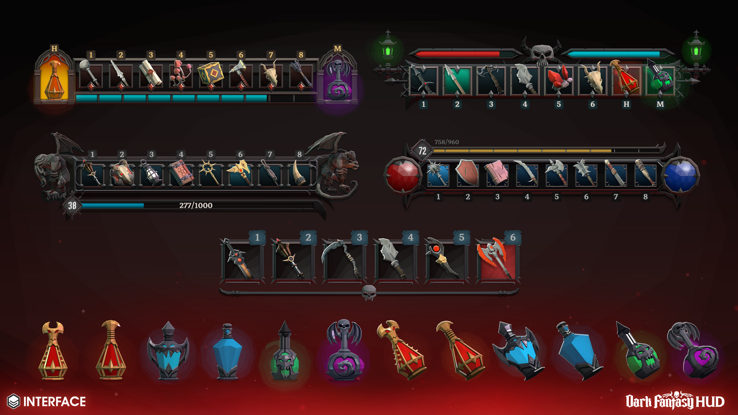 Dark Fantasy HUD game interface with character stats and equipment on a dark background