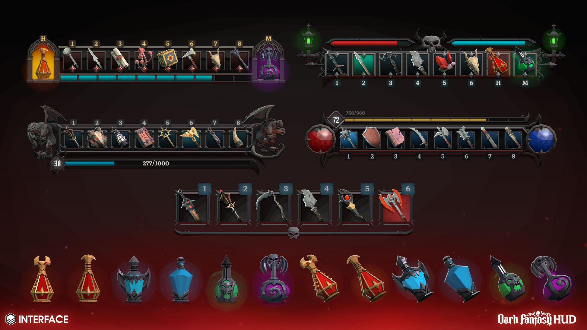 Dark Fantasy HUD game interface with character stats and equipment on a dark background